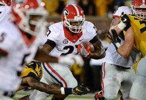 Sep 17, 2016; Columbia, MO, USA; Georgia Bulldogs running back Nick Chubb (27) carries the ball against the Missouri Tigers in the first half at Faurot Field. Mandatory Credit: John Rieger-USA TODAY Sports