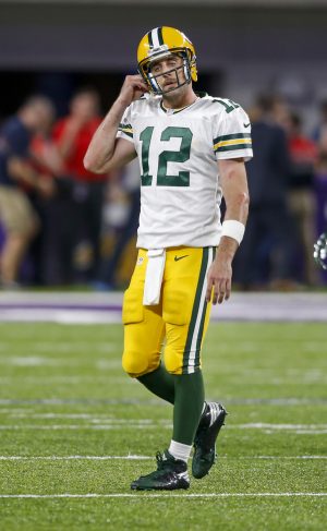 Sep 18, 2016; Minneapolis, MN, USA; Green Bay Packers quarterback Aaron Rodgers (12) walks off the field after throwing an interception to the Minnesota Vikings in the fourth quarter at U.S. Bank Stadium. The Vikings win 17-14. Mandatory Credit: Bruce Kluckhohn-USA TODAY Sports