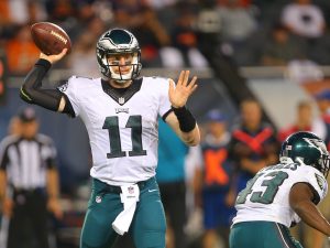 Sep 19, 2016; Chicago, IL, USA; Philadelphia Eagles quarterback Carson Wentz (11) throws the ball during the second half against the Chicago Bears at Soldier Field. Philadelphia won 29-14. Mandatory Credit: Dennis Wierzbicki-USA TODAY Sports