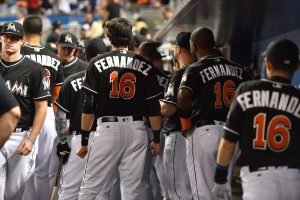 Sep 26, 2016; Miami, FL, USA; Miami Marlins teammates all wear the name and number of fallen teammate starting pitcher Jose Fernandez during the game against the New York Mets at Marlins Park. Mandatory Credit: Jasen Vinlove-USA TODAY Sports