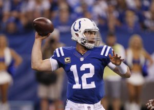 Sep 25, 2016; Indianapolis, IN, USA; Indianapolis Colts quarterback Andrew Luck (12) throws a pass against the San Diego Chargers at Lucas Oil Stadium. Mandatory Credit: Brian Spurlock-USA TODAY Sports