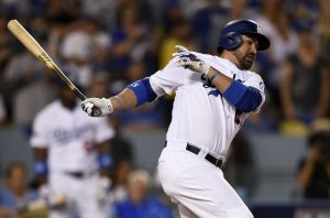 Oct 20, 2016; Los Angeles, CA, USA; Los Angeles Dodgers first baseman Adrian Gonzalez (23) hits a RBI ground out in the fourth inning against the Chicago Cubs in game five of the 2016 NLCS playoff baseball series against the Los Angeles Dodgers at Dodger Stadium. Mandatory Credit: Kelvin Kuo-USA TODAY Sports