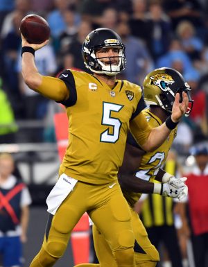 Oct 27, 2016; Nashville, TN, USA; Jacksonville Jaguars quarterback Blake Bortles (5) attempts a pass in the first half against the Tennessee Titans at Nissan Stadium. Mandatory Credit: Christopher Hanewinckel-USA TODAY Sports