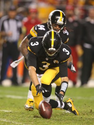 Oct 2, 2016; Pittsburgh, PA, USA; Pittsburgh Steelers quarterback Landry Jones (3) recovers his own fumble against the Kansas City Chiefs during the fourth quarter at Heinz Field. The Steelers won 43-14. Mandatory Credit: Charles LeClaire-USA TODAY Sports