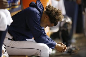 Aug 6, 2016; St. Petersburg, FL, USA; Tampa Bay Rays starting pitcher Chris Archer (22) looks down in the dugout against the Minnesota Twins at Tropicana Field. Mandatory Credit: Kim Klement-USA TODAY Sports
