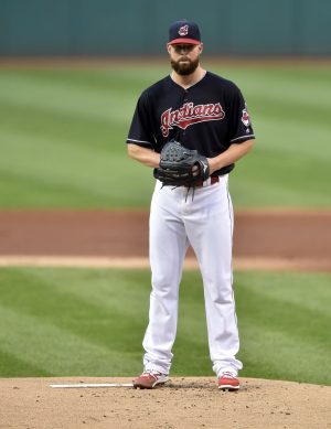 Sep 6, 2016; Cleveland, OH, USA; Cleveland Indians starting pitcher Corey Kluber (28) stands on the mound in the first inning against the Houston Astros at Progressive Field. Mandatory Credit: David Richard-USA TODAY Sports