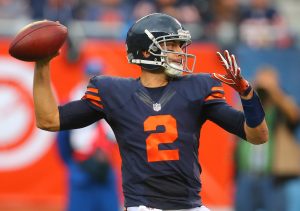 Oct 2, 2016; Chicago, IL, USA; Chicago Bears quarterback Brian Hoyer (2) throws a pass during the second half against the Detroit Lions at Soldier Field. Chicago won 17-14. Mandatory Credit: Dennis Wierzbicki-USA TODAY Sports