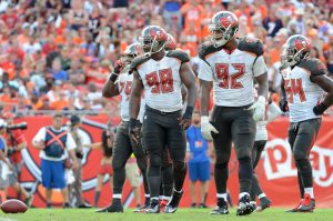 Oct 2, 2016; Tampa, FL, USA; Tampa Bay Buccaneers defensive line in the second half at Raymond James Stadium. Mandatory Credit: Jonathan Dyer-USA TODAY Sports