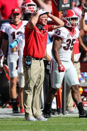 Oct 9, 2016; Columbia, SC, USA; Georgia Bulldogs head coach Kirby Smart reacts to his offense against the South Carolina Gamecocks during the second quarter at Williams-Brice Stadium. Mandatory Credit: Jim Dedmon-USA TODAY Sports