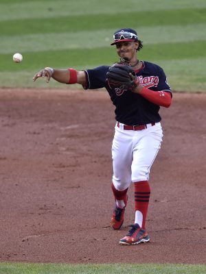 Oct 15, 2016; Cleveland, OH, USA; Cleveland Indians shortstop Francisco Lindor (12) throws out Toronto Blue Jays left fielder Ezequiel Carrera (not pictured) during the third inning of game two of the 2016 ALCS playoff baseball series at Progressive Field. Mandatory Credit: David Richard-USA TODAY Sports