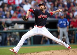 Oct 15, 2016; Cleveland, OH, USA; Cleveland Indians relief pitcher Andrew Miller (24) throws against the Toronto Blue Jays during the seventh inning of game two of the 2016 ALCS playoff baseball series at Progressive Field. Mandatory Credit: Charles LeClaire-USA TODAY Sports