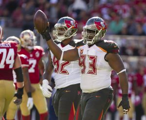Oct 23, 2016; Santa Clara, CA, USA; Tampa Bay Buccaneers defensive tackle Gerald McCoy (93) holds the ball after a fumble recovery against the San Francisco 49ers during the third quarter at Levi's Stadium. The Tampa Bay Buccaneers defeated the San Francisco 49ers 34-17. Mandatory Credit: Kelley L Cox-USA TODAY Sports
