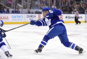 Oct 25, 2016; Toronto, Ontario, CAN; Toronto Maple Leafs forward Auston Matthews (34) takes a slapshot against the Tampa Bay Lightning in the second period at Air Canada Centre. Mandatory Credit: Dan Hamilton-USA TODAY Sports