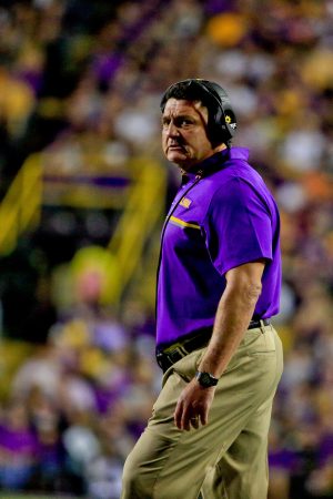 Oct 22, 2016; Baton Rouge, LA, USA; LSU Tigers head coach Ed Orgeron looks on against the Mississippi Rebels during the second half of a game at Tiger Stadium. LSU defeated Mississippi 38-21. Mandatory Credit: Derick E. Hingle-USA TODAY Sports