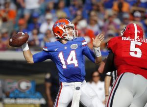 Oct 29, 2016; Jacksonville, FL, USA; Florida Gators quarterback Luke Del Rio (14) throws the ball against the Georgia Bulldogs during the first half at EverBank Field. Mandatory Credit: Kim Klement-USA TODAY Sports