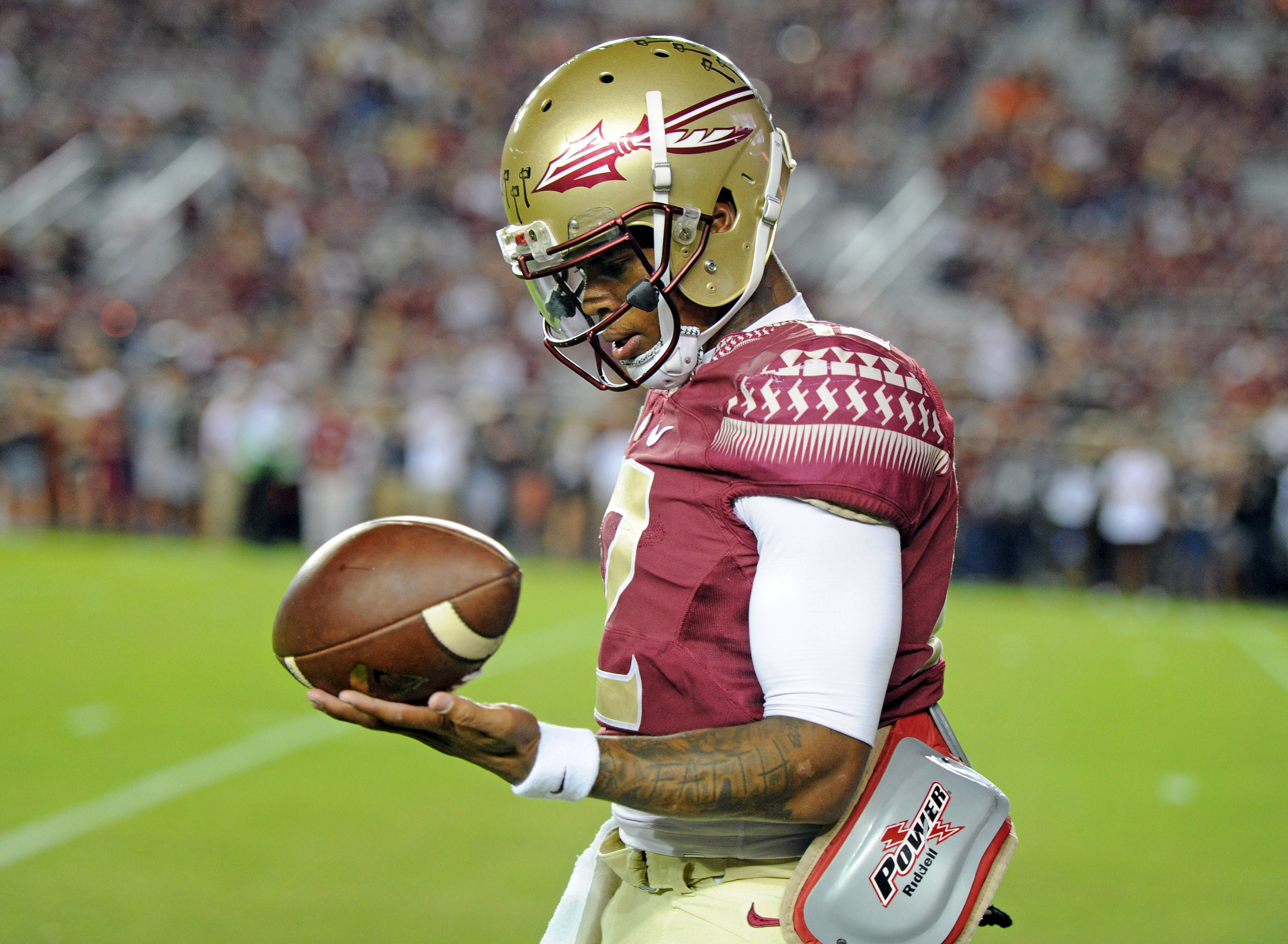 Oct 29, 2016; Tallahassee, FL, USA; Florida State Seminoles quarterback Deondre Francois (12) warms up before the game against the Clemson Tigers at Doak Campbell Stadium. Mandatory Credit: Melina Vastola-USA TODAY Sports