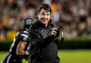 Oct 29, 2016; Columbia, SC, USA; South Carolina Gamecocks head coach Will Muschamp disputes an ejecting in the first quarter against the Tennessee Volunteers at Williams-Brice Stadium. Mandatory Credit: Jeff Blake-USA TODAY Sports