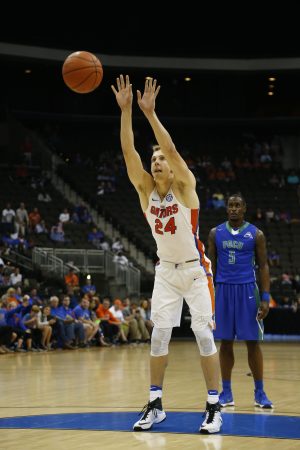 Nov 11, 2016; Jacksonville, FL, USA; Florida Gators guard Canyon Barry (24) takes a under hand free throw in the second half against the Florida Gulf Coast Eagles at Jacksonville Veterans Memorial Arena. Florida Gators won 80-59. Mandatory Credit: Logan Bowles-USA TODAY Sports