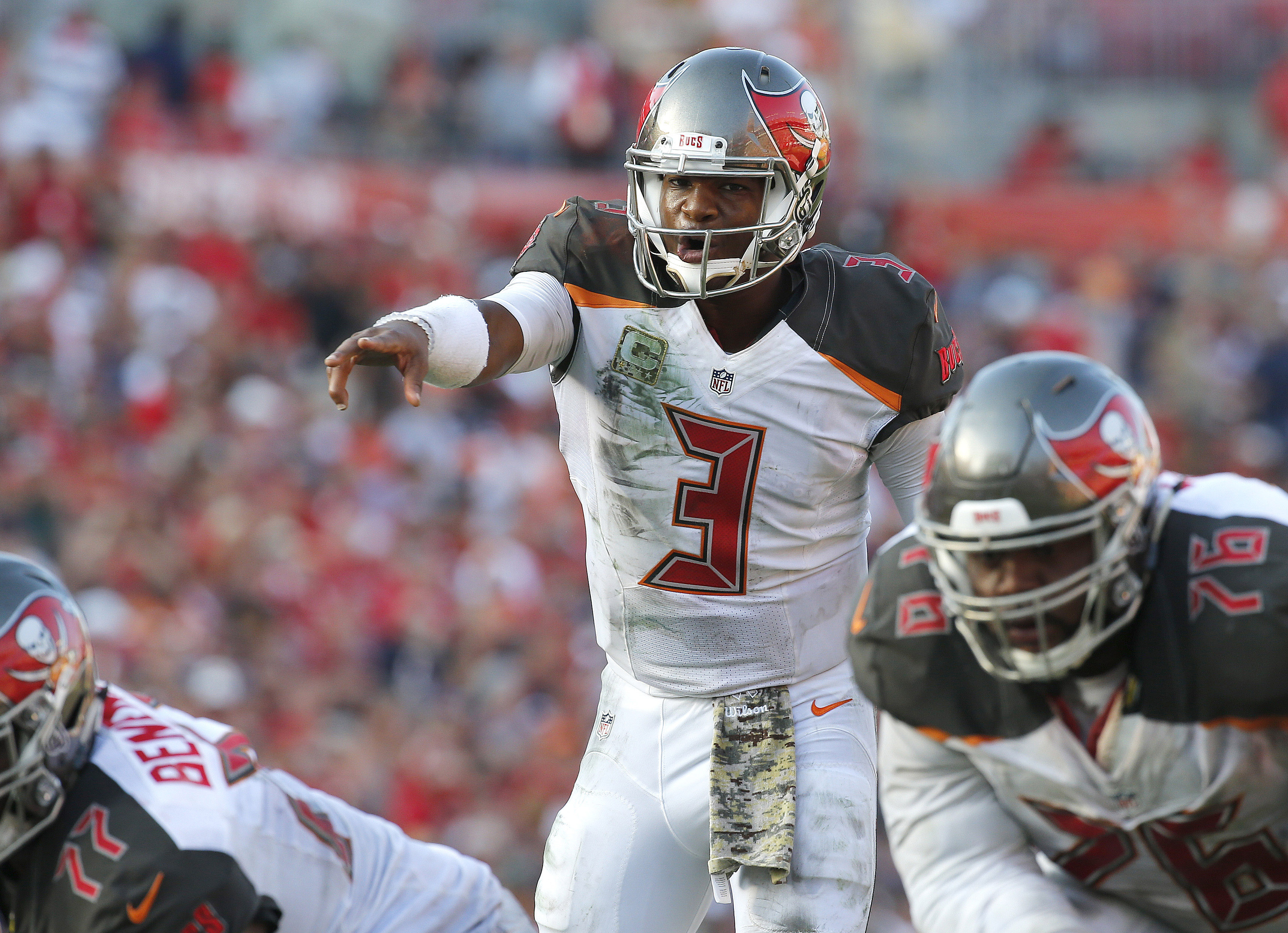 Nov 13, 2016; Tampa, FL, USA; Tampa Bay Buccaneers quarterback Jameis Winston (3) points against the Chicago Bears during the second half at Raymond James Stadium. Tampa Bay Buccaneers defeated the Chicago Bears 36-10. Mandatory Credit: Kim Klement-USA TODAY Sports