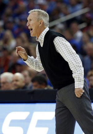 Nov 21, 2016; Tampa, FL, USA; Belmont Bruins head coach Rick Byrd reacts during the first half against the Florida Gators at Amalie Arena. Mandatory Credit: Kim Klement-USA TODAY Sports