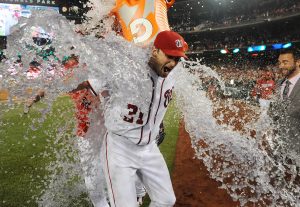 May 11, 2016; Washington, DC, USA; Washington Nationals starting pitcher Max Scherzer (31) is doused with water after striking out an MLB record 20 batters against the Detroit Tigers at Nationals Park. The Washington Nationals won 3-2. Mandatory Credit: Brad Mills-USA TODAY Sports