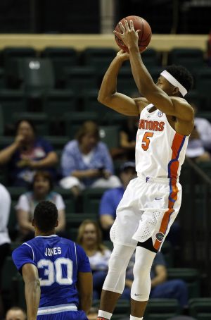 Nov 24, 2016; Kissimmee, FL, USA; Florida Gators guard KeVaughn Allen (5) shoots a jump shot against the Seton Hall Pirates during the first half at HP Field House. Mandatory Credit: Kim Klement-USA TODAY Sports