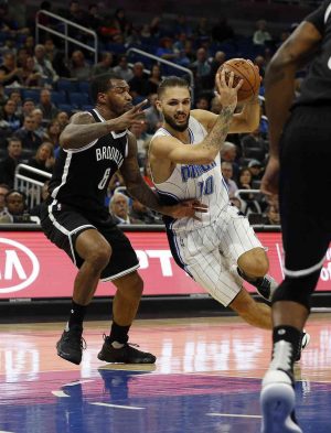 Dec 16, 2016; Orlando, FL, USA; Orlando Magic guard Evan Fournier (10) drives to the basket as Brooklyn Nets guard Sean Kilpatrick (6) defends during the first quarter at Amway Center. Mandatory Credit: Kim Klement-USA TODAY Sports