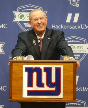 Jan 5, 2016; East Rutherford, NJ, USA; New York Giants former head coach Tom Coughlin addresses the media during a press conference at Quest Diagnostics Training Center. Mandatory Credit: Jim O'Connor-USA TODAY Sports