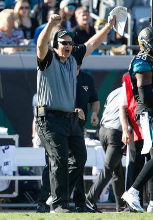 Dec 24, 2016; Jacksonville, FL, USA; Jacksonville Jaguars interim head coach Doug Marrone cheers during the third quarter of an NFL Football game at EverBank Field. Mandatory Credit: Reinhold Matay-USA TODAY Sports