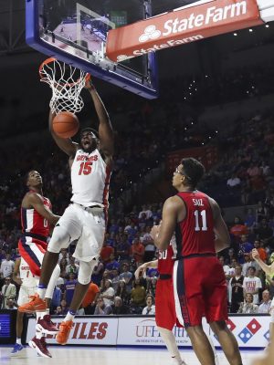 Jan 3, 2017; Gainesville, FL, USA; Florida Gators center John Egbunu (15) dunks the ball in the second half against the Mississippi Rebels at Exactech Arena at the Stephen C. O'Connell Center. The Florida Gators won 70-63. Mandatory Credit: Logan Bowles-USA TODAY Sports 