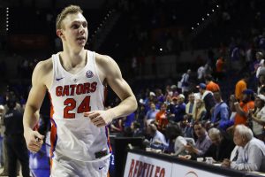 Jan 3, 2017; Gainesville, FL, USA; Florida Gators guard Canyon Barry (24) runs off the court after a game against the Mississippi Rebels at Exactech Arena at the Stephen C. O'Connell Center. The Florida Gators won 70-63. Mandatory Credit: Logan Bowles-USA TODAY Sports