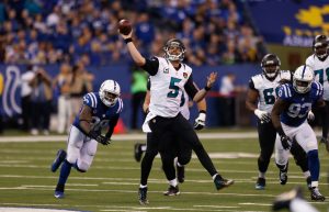 Jan 1, 2017; Indianapolis, IN, USA; Jacksonville Jaguars quarterback Blake Bortles (5) throws a pass against the Indianapolis Colts at Lucas Oil Stadium. Indianapolis defeats Jacksonville 24-20. Mandatory Credit: Brian Spurlock-USA TODAY Sports