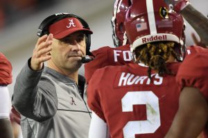 Jan 9, 2017; Tampa, FL, USA; Alabama Crimson Tide offensive coordinator Steve Sarkisian congratulates wide receiver Calvin Ridley (3) after his fourth quarter touchdown against the Clemson Tigers in the 2017 College Football Playoff National Championship Game at Raymond James Stadium. Mandatory Credit: John David Mercer-USA TODAY Sports