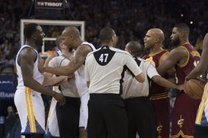 January 16, 2017; Oakland, CA, USA; Cleveland Cavaliers forward Richard Jefferson (24) argues with Golden State Warriors forward Draymond Green (23) after colliding with Cavaliers forward LeBron James (23, not pictured) during the second quarter at Oracle Arena. Mandatory Credit: Kyle Terada-USA TODAY Sports
