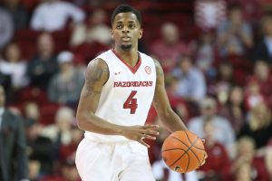 Jan 21, 2017; Fayetteville, AR, USA; Arkansas Razorbacks guard Daryl Macon (4) dribbles in the first half against the LSU Tigers at Bud Walton Arena. Mandatory Credit: Nelson Chenault-USA TODAY Sports