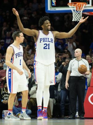 Jan 18, 2017; Philadelphia, PA, USA; Philadelphia 76ers center Joel Embiid (21) reacts as time winds down in the fourth quarter against the Toronto Raptors at Wells Fargo Center. The Philadelphia 76ers won 94-89. Mandatory Credit: Bill Streicher-USA TODAY Sports