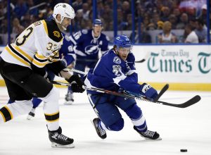 Jan 31, 2017; Tampa, FL, USA; Tampa Bay Lightning center Brayden Point (21) skates with the puck as Boston Bruins defenseman Zdeno Chara (33) defends during the second period at Amalie Arena. Mandatory Credit: Kim Klement-USA TODAY Sports