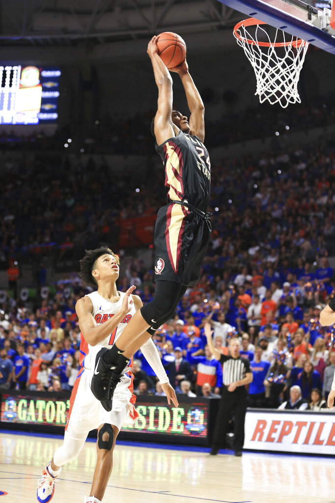 Florida State's sophomore guard, Devin Vassell had several highlight-reel worthy plays, and he also played very good defense in his team's win over Florida. (Photo: Matt Stamey/Associated Press via WRUF.)