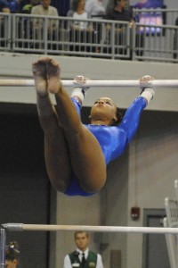 Freshman Kytra Hunter on bars scored a 9.85