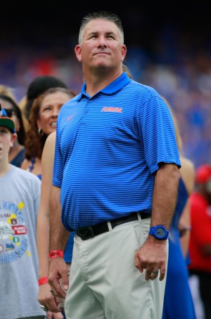 Sep 26, 2015; Gainesville, FL, USA; Florida Gators softball head coach Tim Walton is honored during the first half at Ben Hill Griffin Stadium. Mandatory Credit: Kim Klement-USA TODAY Sports