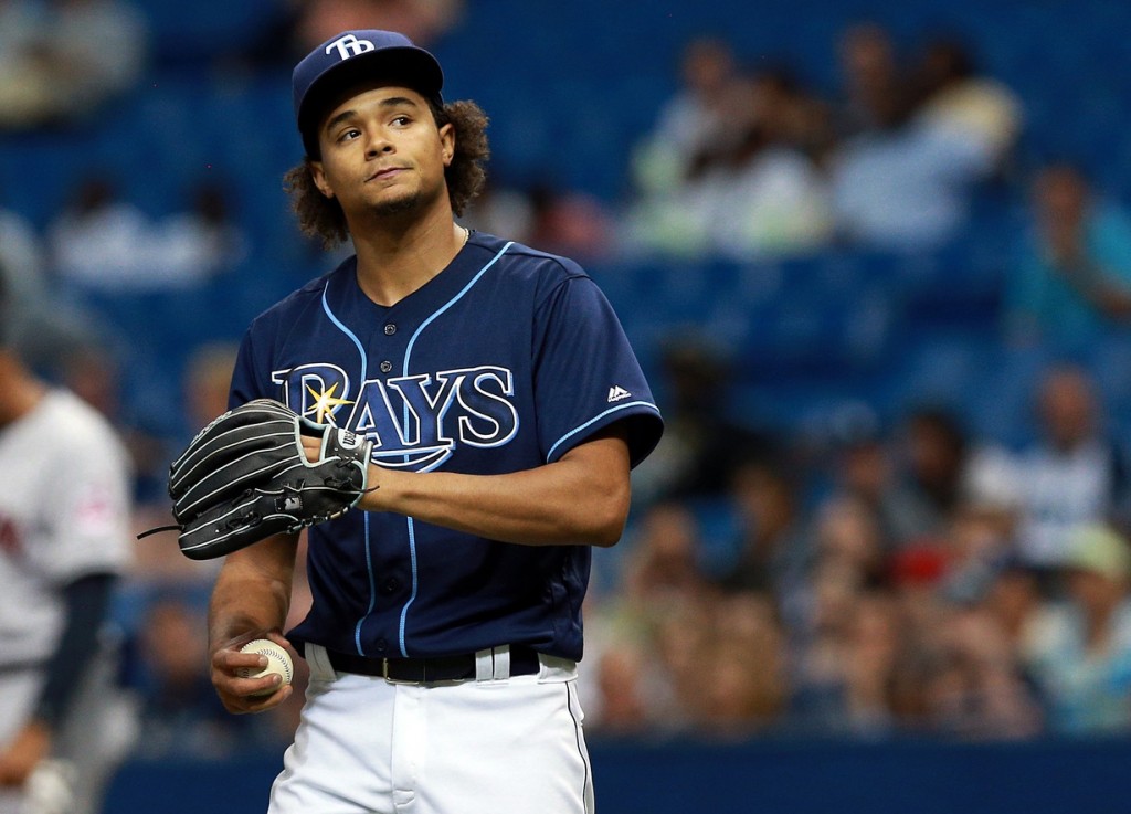 Apr 14, 2016; St. Petersburg, FL, USA; Tampa Bay Rays starting pitcher Chris Archer (22) looks on during the first inning against the Cleveland Indians at Tropicana Field. Mandatory Credit: Kim Klement-USA TODAY Sports