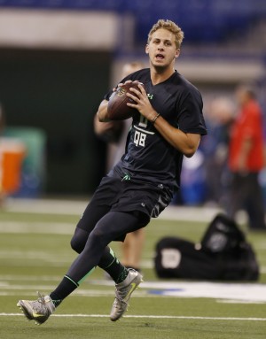 Feb 27, 2016; Indianapolis, IN, USA; California Golden Bears quarterback Jared Goff throws a pass during the 2016 NFL Scouting Combine at Lucas Oil Stadium. Mandatory Credit: Brian Spurlock-USA TODAY Sports