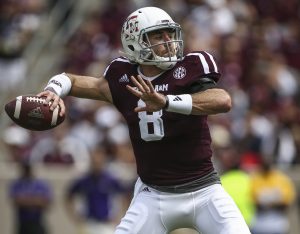 Sep 10, 2016; College Station, TX, USA; Texas A&M Aggies quarterback Trevor Knight (8) attempts a pass during the second quarter against the Prairie View A&M Panthers at Kyle Field. Mandatory Credit: Troy Taormina-USA TODAY Sports