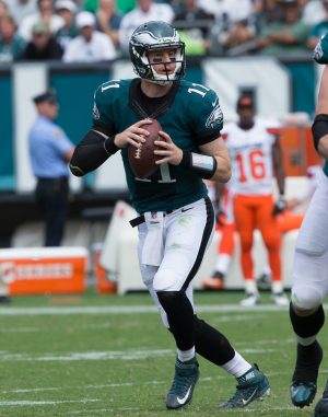 Philadelphia Eagles quarterback Carson Wentz (11) drops back to pass against the Cleveland Browns during the second quarter at Lincoln Financial Field. The Philadelphia Eagles won 29-10. Mandatory Credit: Bill Streicher-USA TODAY Sports