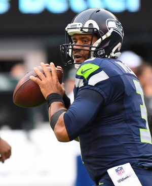 Oct 2, 2016; East Rutherford, NJ, USA; Seattle Seahawks quarterback Russell Wilson (3) warms up before a game against the New York Jets at MetLife Stadium. Mandatory Credit: Robert Deutsch-USA TODAY Sports