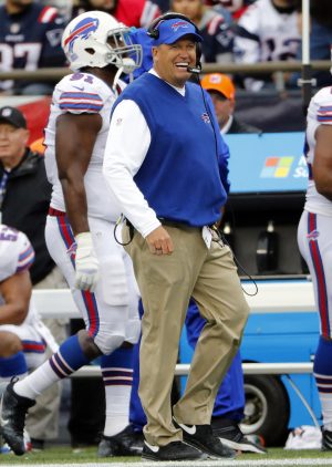 Oct 2, 2016; Foxborough, MA, USA; Buffalo Bills head coach Rex Ryan smiles along the sidelines during the second half of the Buffalo Bills 16-0 win over the New England Patriots at Gillette Stadium. Mandatory Credit: Winslow Townson-USA TODAY Sports
