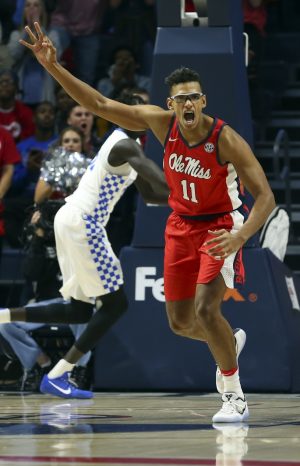 Dec 29, 2016; Oxford, MS, USA; Mississippi Rebels forward Sebastian Saiz (11) reacts after a play during the first half against the Kentucky Wildcats at The Pavilion at Ole Miss. Mandatory Credit: Spruce Derden-USA TODAY Sports