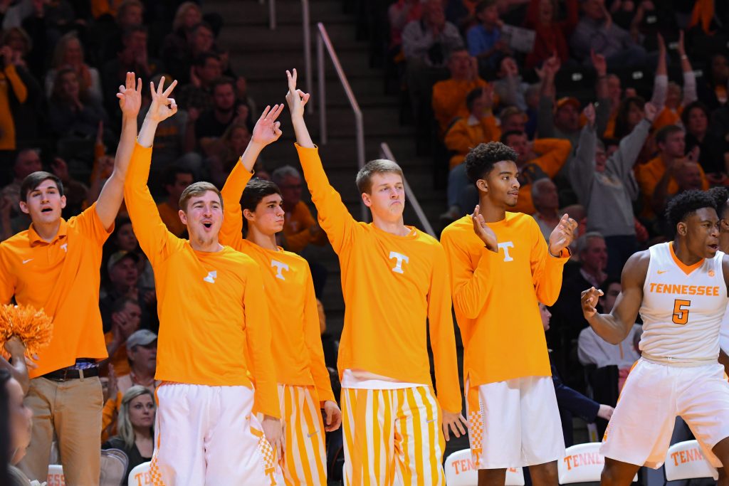Jan 21, 2017; Knoxville, TN, USA; The Tennessee Volunteers bench reacts after guard Lamonte Turner scored a three pointer against the Mississippi State Bulldogs during the second half at Thompson-Boling Arena. Tennessee won 91 to 74. Mandatory Credit: Randy Sartin-USA TODAY Sports