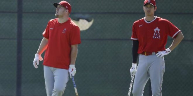 Los Angeles Angels' Mike Trout, left, and Shohei Ohtani watch batting practice during spring training baseball practice, Monday, Feb. 17, 2020, in Tempe, Ariz. (AP Photo/Darron Cummings)