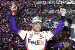 NASCAR driver Hamlin celebrates
